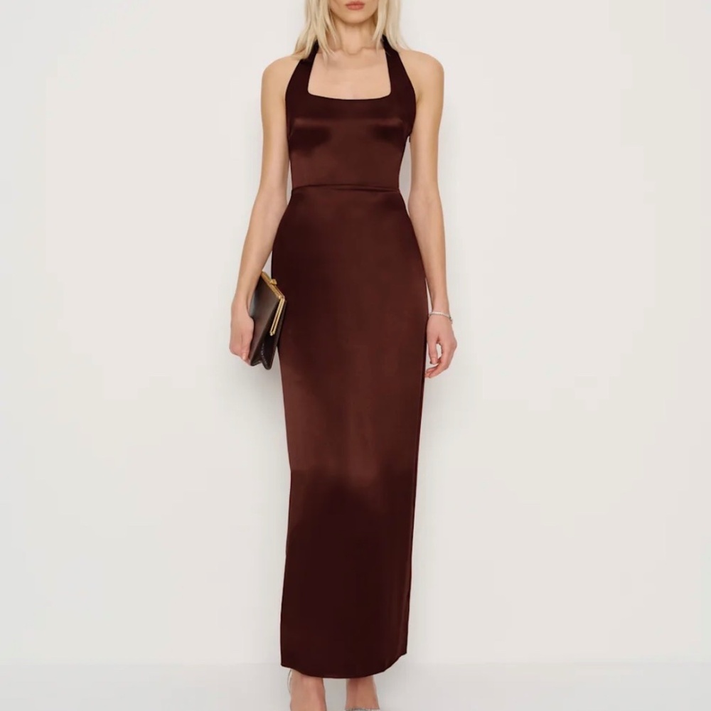 Reformation Satin Maxi Dress in Deep Brown